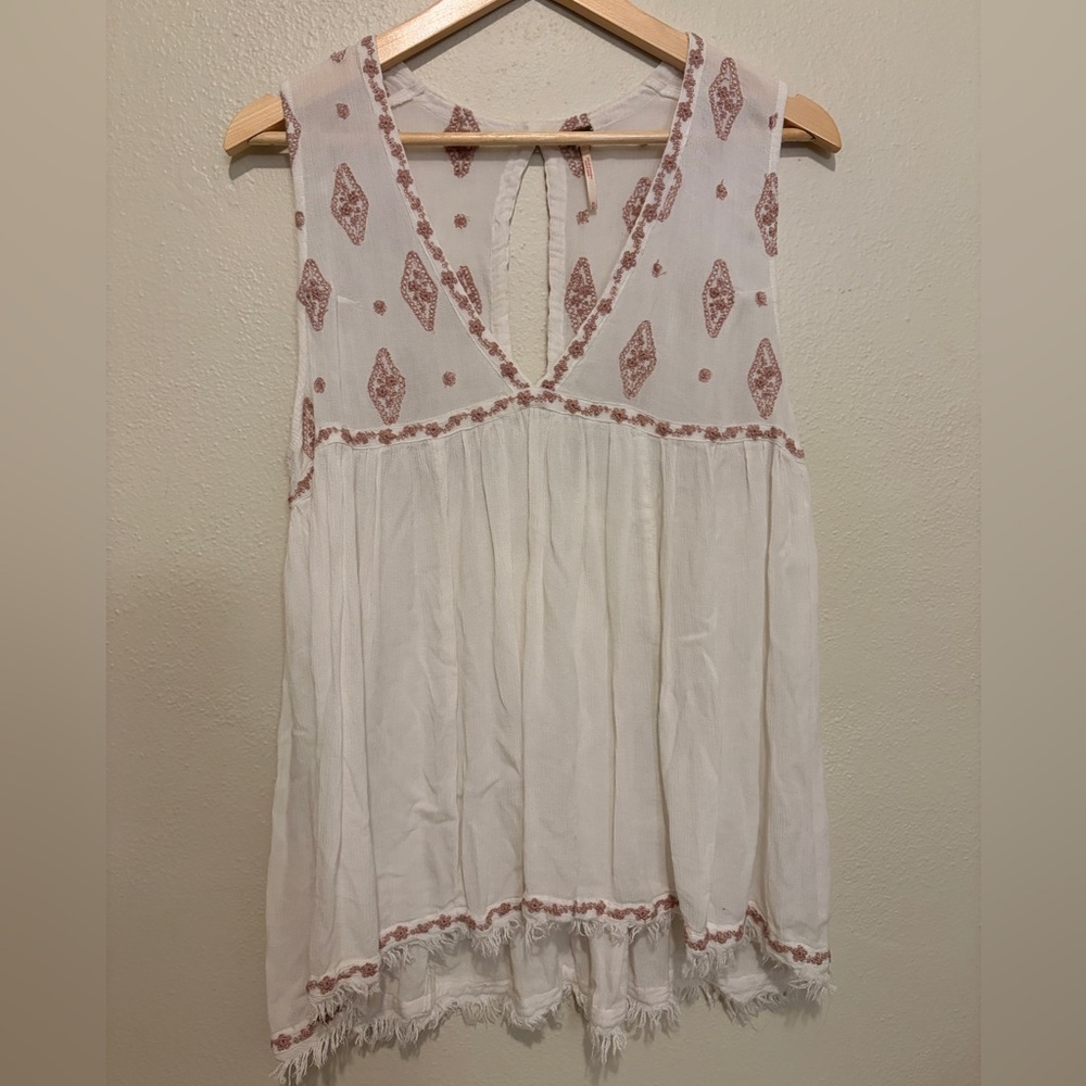 Free People White and Pink Embroidered Sleeveless Blouse, Size M